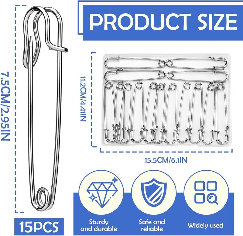 Ftyiwu Large Safety Pins, 15 Pack Heavy Duty Safety Pins 3 Inch, Stainless Steel Safety Pin for Clothes, Blankets, Laundry, Leather Canvas, DIY Crafts - Image 2